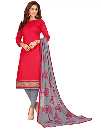 DnVeens Woman Cotton Heavy Dupatta Salwar Suit Dress Material (Red Grey Unstitched)
