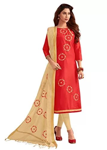 DnVeens Women's Cotton Embroideried Unstitched Dress Material (BLOSSOM2009 Red & Chiku)
