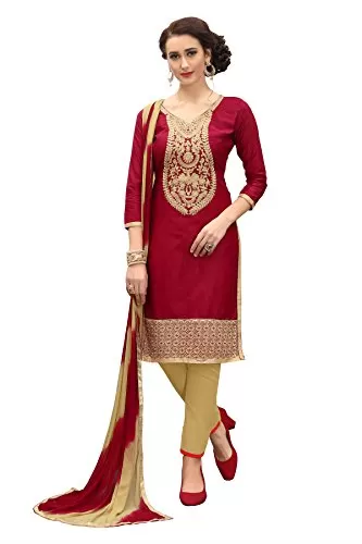 DnVeens Women's Maroon Pure Cotton Embroidered Work UnStitched Salwar Suit Material (MDKHWAAB7009 Free Size)