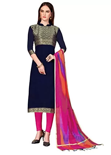 DnVeens Banarasi Jacquard Unstitched Salwar Suit Dress Material for Womens (KULFI1011 Blue Pink Unstitched)