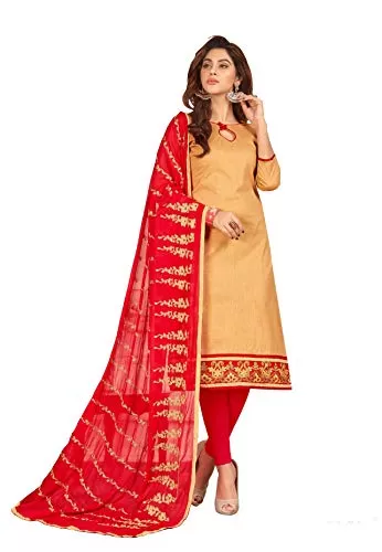 DnVeens Woman Cotton Heavy Dupatta Salwar Suit Dress Material (BLGNGFLRNC05 Beige Red Unstitched)