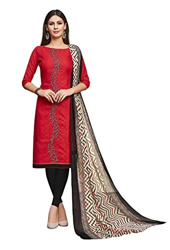 DnVeens Women's Cotton Jacquard Casual Embroidery Unstitched Dress Material (DIVYANSHI2011; Red and Black; Free Size)