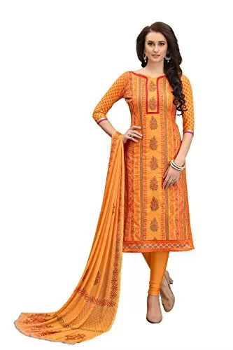 DnVeens Women's Orange Pure Cotton Embroidered Work UnStitched Salwar Suit Material (MDKHWAAB7012 Free Size)