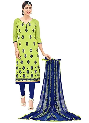 DnVeens Women Chanderi Heavy Embroidered Casual Salwar Suit Dress Material (BLGNGSMR1008A Green Blue Unstitched)