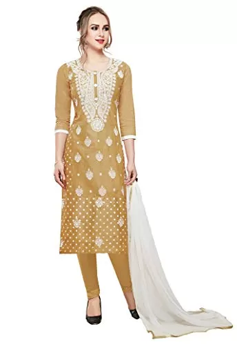 DnVeens Women Pure Cotton Unstitched Embroidery Fancy Dress Material (MDAAMIRA1810 Free Size Chiku White)