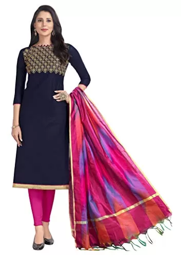 DnVeens Embroidered Salwar Suit Dress Material for Womens Cotton (HENNY1004 Blue Pink Unstitched)