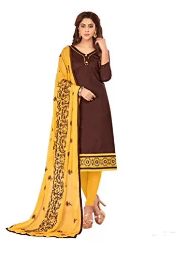 DnVeens Woman Cotton Heavy Dupatta Salwar Suit Dress Material (Brown Yellow Unstitched)