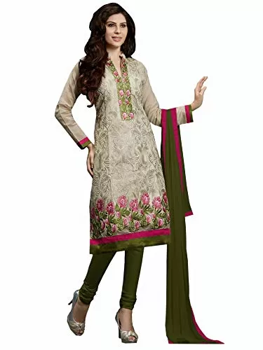 DnVeens Women Chanderi Embroidery Casual Unstitched Salwar Kameez (SAHIDA03 Beige & Green Unstitched)