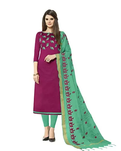 DnVeens Women's Cotton Slub Unstitched Heavy Dupatta Salwar Suit Dress Material (BLOSSOM7012; Purple; Green; Free Size)