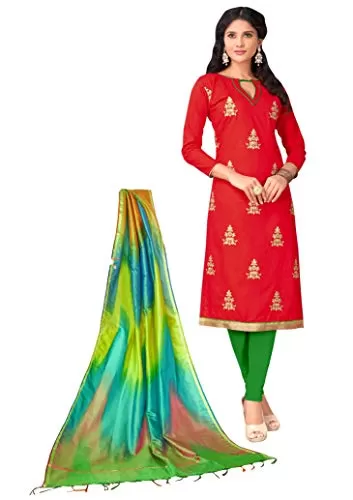 DnVeens Embroidered Salwar Suit Dress Material for Womens Cotton (HENNY1011 Red Green Unstitched)