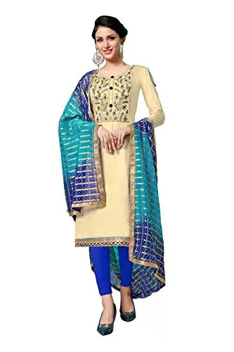 DnVeens Women's Beige Cotton Embroidered Fancy Salwar Suit Dress Material (MDLAADO7207 Free Size)