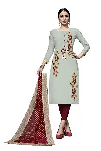 DnVeens Women's Cotton Embroidered Dress Material With Fancy Dupatta MDSULTANA7307 Grey & Maroon Unstitched)