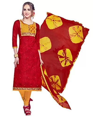 DnVeens Women Embroidery Cotton Dress Material (MDSAAYRA1705 Free Size Red Yellow)