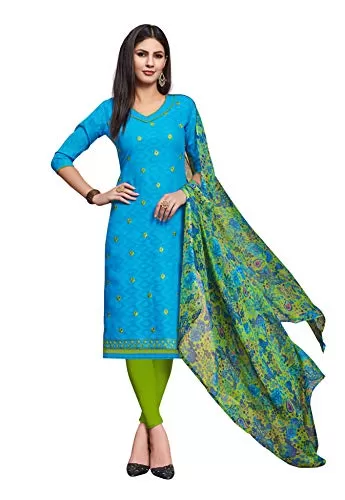 DnVeens Woman Cotton Jacquard Casual Embroidery Unstitched Dress Material (Blue Free Size)