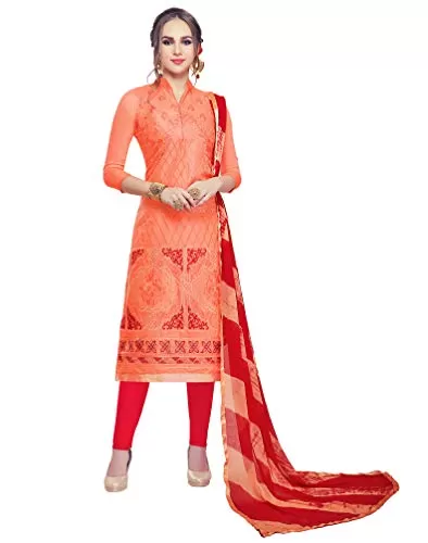 DnVeens Women Embroidery Cotton Dress Material (MDSAAYRA1710 Free Size Orange)