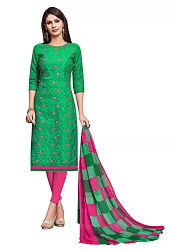 DnVeens Women's Cotton Jacquard Casual Embroidery Unstitched Dress Material (DIVYANSHI2005; Green Pink; Free Size)