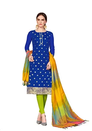 DnVeens Banarasi Jacquard Unstitched Salwar Suit Dress Material for Womens (KULFI1006 Blue Green Unstitched)
