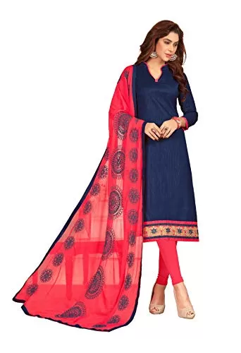 DnVeens Woman Cotton Heavy Dupatta Salwar Suit Dress Material (Blue Peach Unstitched)