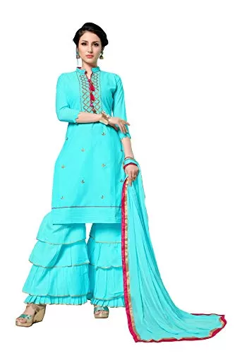 DnVeens Women's Blue Cotton Embroidered Fancy Salwar Suit Dress Material (MDLAADO7203 Free Size)