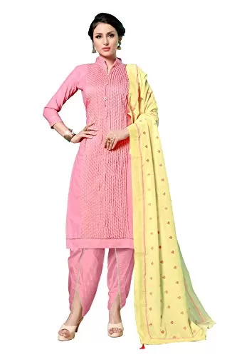 DnVeens Women's Pink Cotton Embroidered Fancy Salwar Suit Dress Material (MDLAADO7211 Free Size)