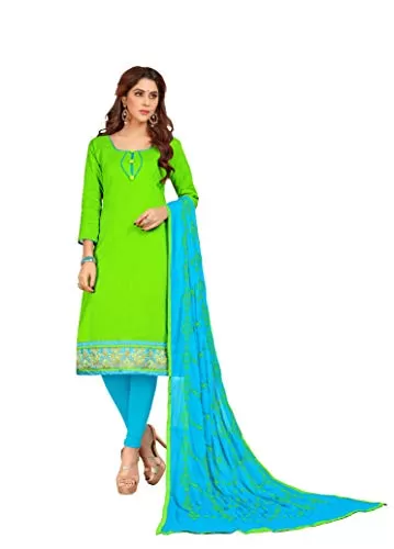DnVeens Woman Cotton Heavy Dupatta Salwar Suit Dress Material (Green Sky Unstitched)