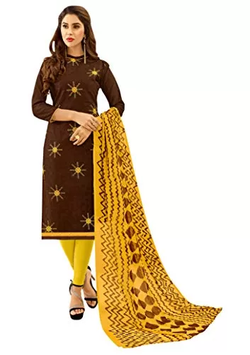 DnVeens Woman Cotton Jacquard Casual Embroidery Unstitched Dress Material (DIVYANSHI50013 Brown Free Size)