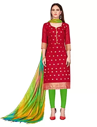 DnVeens Banarasi Jacquard Unstitched Salwar Suit Dress Material for Womens (KULFI1010 Red Green Unstitched)
