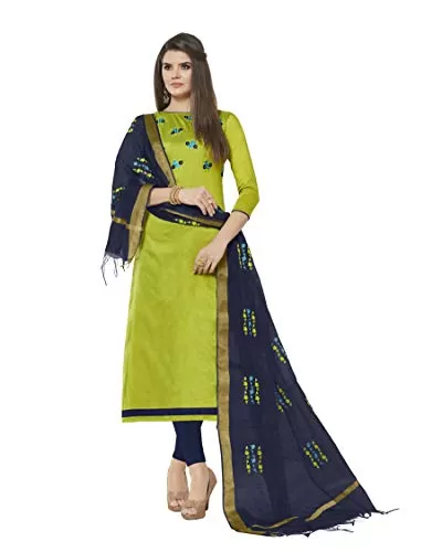 DnVeens Women's Cotton Slub Unstitched Heavy Dupatta Salwar Suit Dress Material (BLOSSOM7001; Green; Blue; Free Size)