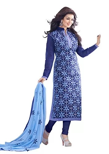 DnVeens Women Blue Chanderi Embroidery Unstitched Salwar Suit Material (BLRSFSMY03_Navy Blue_Free Size)