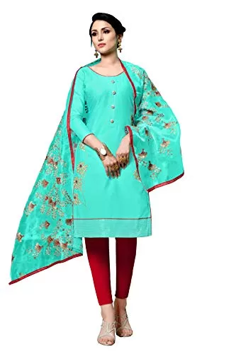 DnVeens Women's Blue Cotton Embroidered Fancy Salwar Suit Dress Material (MDLAADO7208 Free Size)