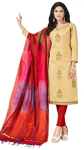 DnVeens Embroidered Salwar Suit Dress Material for Womens Cotton (HENNY1005 Chiku Red Unstitched)