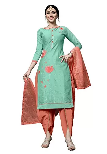 DnVeens Women's Cotton Embroidered Dress Material With Fancy Dupatta MDSULTANA7312 Green & Orange Unstitched)