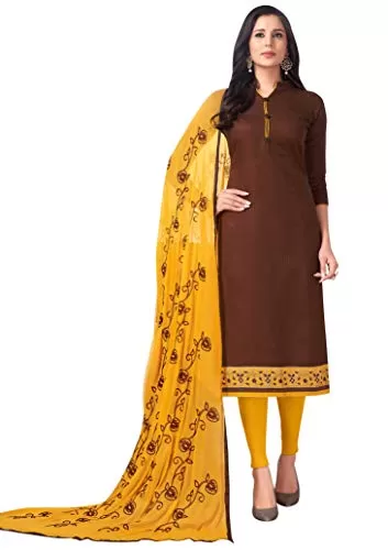 DnVeens Women Cotton Blend Zari Embroidery Unstitched Dress Material With Heavy Dupatta (FLORANCE2005_Brown_Free Size)