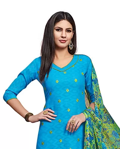 DnVeens Woman Cotton Jacquard Casual Embroidery Unstitched Dress Material (Blue Free Size), 2 image