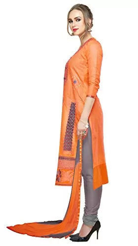 DnVeens Women Embroidery Cotton Dress Material (MDSAAYRA1704 Free Size Orange Grey), 4 image