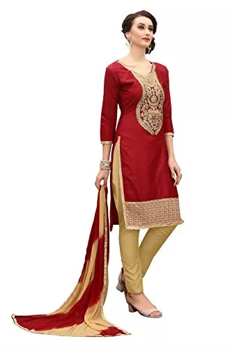 DnVeens Women's Maroon Pure Cotton Embroidered Work UnStitched Salwar Suit Material (MDKHWAAB7009 Free Size), 3 image