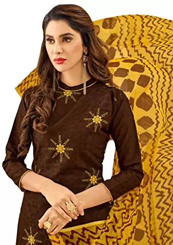 DnVeens Woman Cotton Jacquard Casual Embroidery Unstitched Dress Material (DIVYANSHI50013 Brown Free Size), 2 image