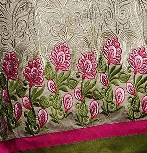 DnVeens Women Chanderi Embroidery Casual Unstitched Salwar Kameez (SAHIDA03 Beige & Green Unstitched), 2 image