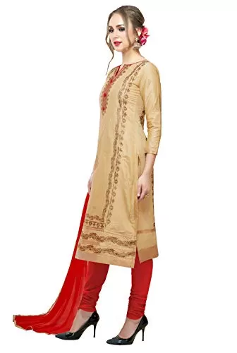 DnVeens Women Pure Cotton Unstitched Embroidery Fancy Dress Material (MDAAMIRA1803 Free Size Chiku Red), 3 image