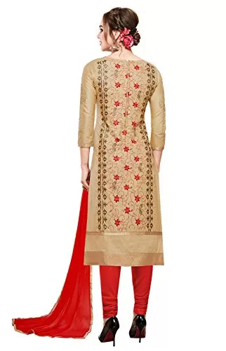 DnVeens Women Pure Cotton Unstitched Embroidery Fancy Dress Material (MDAAMIRA1803 Free Size Chiku Red), 2 image