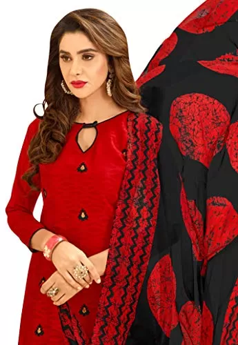 DnVeens Woman Cotton Jacquard Casual Embroidery Unstitched Dress Material (DIVYANSHI50001 Red Free Size), 2 image