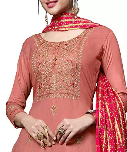 DnVeens Women's Cotton Embroidered Dress Material With Fancy Dupatta MDSULTANA7310 Peach & Red Unstitched), 4 image