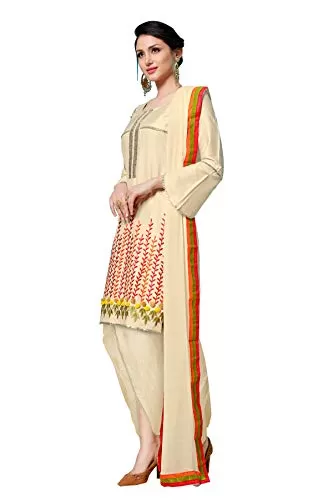 DnVeens Women's Beige Cotton Embroidered Fancy Salwar Suit Dress Material (MDLAADO7206 Free Size), 3 image