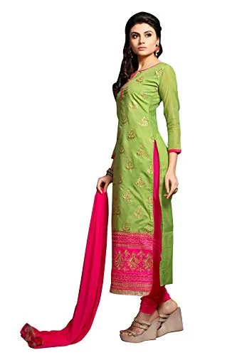 DnVeens Women Chanderi Embroidery Unstitched Dress Material (SIA1113 Green & Pink Unstitched), 2 image