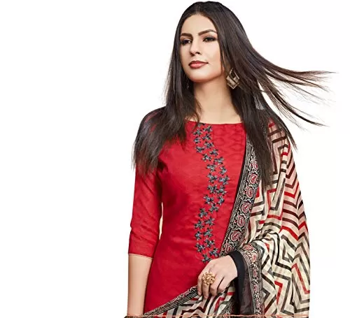 DnVeens Women's Cotton Jacquard Casual Embroidery Unstitched Dress Material (DIVYANSHI2011; Red and Black; Free Size), 2 image