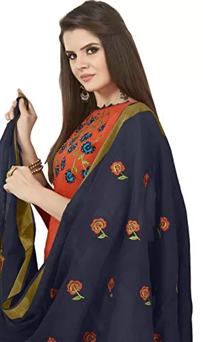 DnVeens Woman Cotton Slub Heavy Dupatta Salwar Suit Dress Material (BLOSSOM7011 Orange Blue Unstitched), 2 image