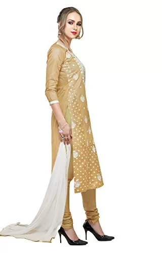 DnVeens Women Pure Cotton Unstitched Embroidery Fancy Dress Material (MDAAMIRA1810 Free Size Chiku White), 3 image