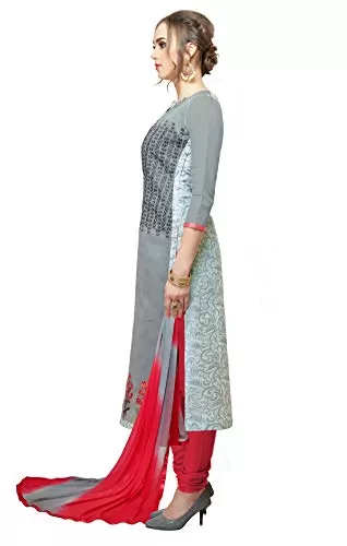 DnVeens Women Pure Cotton Unstitched Embroidery Fancy Dress Material (MDAAMIRA1801 Free Size Grey Red), 3 image