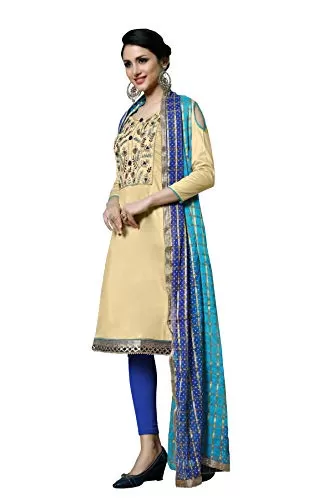 DnVeens Women's Beige Cotton Embroidered Fancy Salwar Suit Dress Material (MDLAADO7207 Free Size), 3 image
