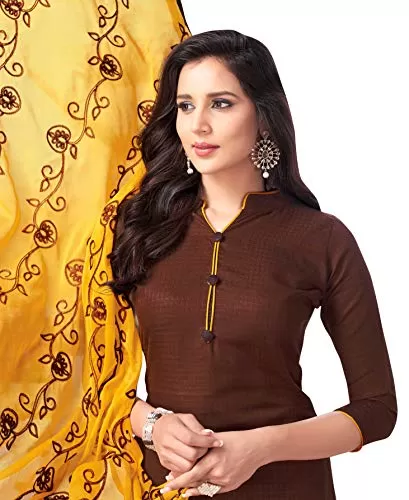 DnVeens Women Cotton Blend Zari Embroidery Unstitched Dress Material With Heavy Dupatta (FLORANCE2005_Brown_Free Size), 2 image